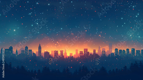 Starry Night Over Cityscape  Urban Lights and Celestial Stars   Flat Design Backdrop Concept with Sparkling Cityscape Below  Illustration