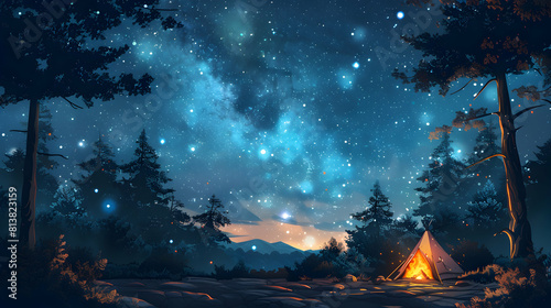 Flat Design Backdrop: Starry Sky Camping Adventure Concept with Campers Storytelling under Cosmic Night Sky and Campfire Glow Flat Illustration