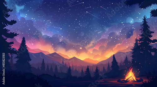 Cosmic Camping Adventure  Campers Under Starry Sky Enjoying Stories and Campfire Glow   Flat Design Backdrop Illustration