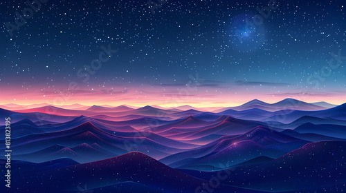 Gentle rolling hills under a starry night sky evoke peace and stillness, ideal for a tranquil night under the stars Flat design backdrop concept