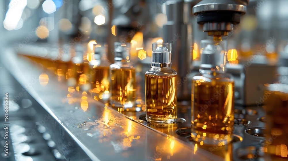 The perfume production line, with rows of amber bottles filled with golden liquid being placed on a stainless steel surface in an industrial setting. 
