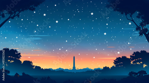 Flat Design Backdrop: Patriotic Stars Over Monument Blending National Pride with Night Sky Wonder | Flat Illustration