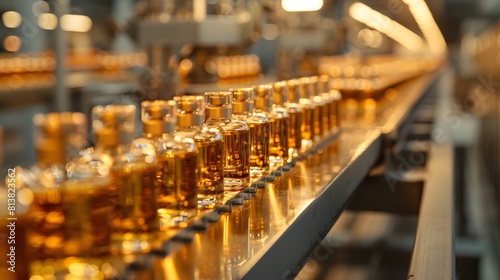 The perfume production line, with rows of amber bottles filled with golden liquid being placed on a stainless steel surface in an industrial setting. 