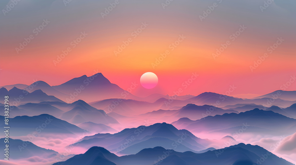 Sunrise Over Misty Mountains: Early rays of sun piercing mist over mountains for breathtaking natural wallpapers. Flat design backdrop concept.