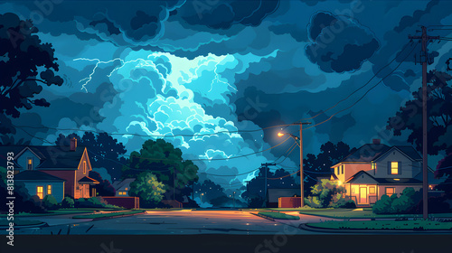 Moody Atmospheric Illustration: Suburban Thunderstorm Twilight Concept in Flat Design Backdrop, Capturing a Menacing Storm Over Suburban Area. Ideal for Emotive Shots and Creative 