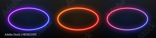 Neon oval light. Ellipse laser frame. Round led border. Electric gradient glow for design. Fluorescent geometric shape.