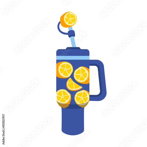 Tumbler for water and hot drinks. Custom bottle with lemon-shaped rubber lid. Reusable thermos mug tumbler bottle, travel coffee cup and thermos. Color cup for shops, brand. Vector flat illustration.