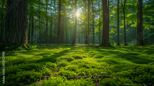 A tranquil forest scene bathed in the soft glow of dawn  with sunlight filtering through the lush canopy of vibrant green leaves. Tall  majestic trees stand tall against a backdrop of clear blue
