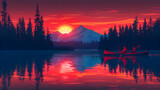 Sunset Canoe Adventure: A serene flat design backdrop featuring a canoe gliding on a mirrored lake as adventurers paddle under a crimson painted sky. Flat illustration concept.