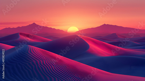 Flat Design Backdrop: Sunset Over Sand Dunes   Sand Dunes Ripple Under a Fading Sunset, Casting Intricate Shadows and Creating a Tapestry of Light and Texture   Flat Illustration © Gohgah