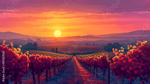 Spectacular Sunset Over Vineyards: A Stunning Flat Design Backdrop Illustration Showcasing Golden Hued Fields of Ready to Harvest Vines