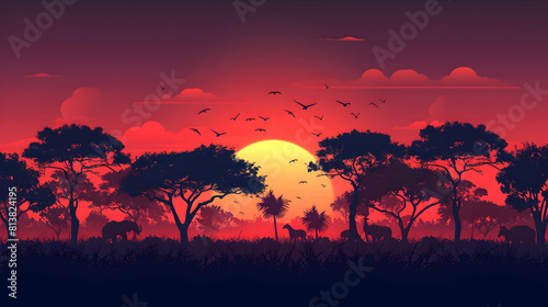 Flat Design Backdrop: Sunset Silhouettes Concept Stark Silhouettes of Trees and Wildlife Against Vibrant Setting Sun Flat Illustration