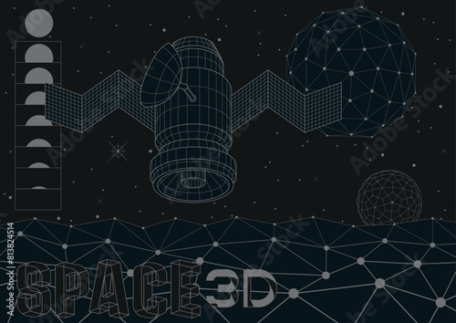 3D Space Illustration. 1980s Low Poly Computer Graphic Style Spacecraft, Geometric Shapes, Planets, Surfaces. Abstract Elements, Spaceship with Solar Panels