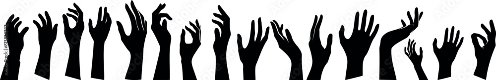 hand reaching silhouette, raised hands, unity, crowd, celebration. Black silhouettes of enthusiastic hands reaching upwards against a white background. Depicts unity, celebration, and group excitement hand reaching silhouette, raised hands, unity, crowd, celebration. Black silhouettes of enthusiastic hands reaching upwards against a white background. Depicts unity, celebration, and group excitement