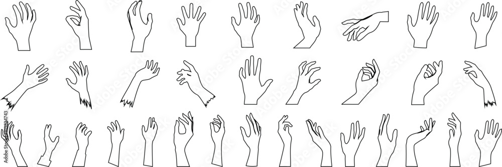 Fototapeta premium hand line art, hand gestures illustration set. Various positions, signs, signals in simple outline style. Ideal for educational content, icons, instructional design