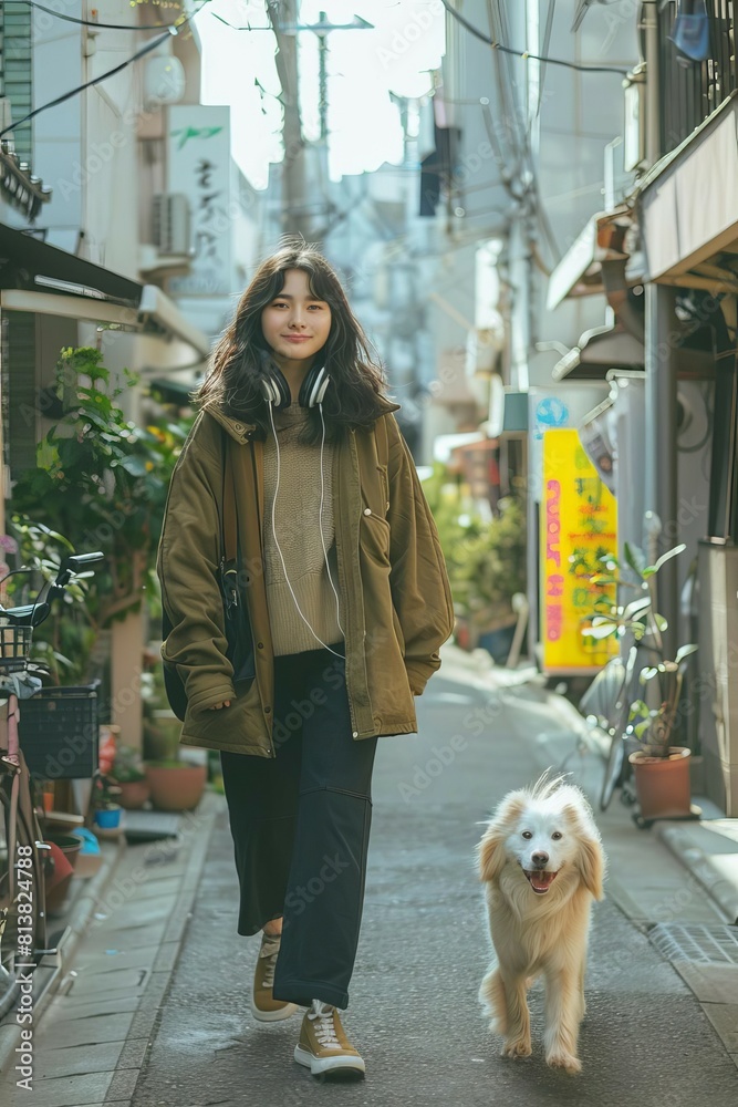 A young woman in a brown jacket and headphones walks her dog down a narrow street in Tokyo. A young woman in a brown jacket and headphones walks her dog down a narrow street in Tokyo.