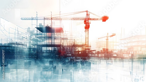 A digital art piece showcasing the concept of construction site technology, with blurry silhouettes of cranes and building structures in the background