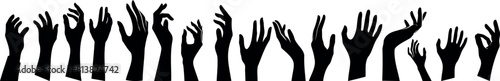 hand reaching silhouette, raised hands, unity, crowd, celebration. Black silhouettes of enthusiastic hands reaching upwards against a white background. Depicts unity, celebration, and group excitement