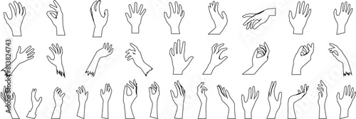 hand line art, hand gestures illustration set. Various positions, signs, signals in simple outline style. Ideal for educational content, icons, instructional design