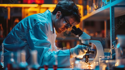 A young scientist wearing a lab coat and safety glasses is looking through a microscope in a dimly lit laboratory.