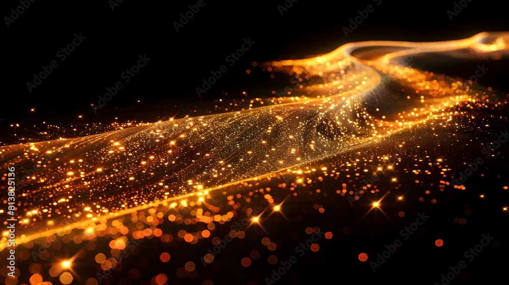 Fototapeta premium A gold glittery shiny light trail on a black background in the style of motion graphics, 3D rendering. 