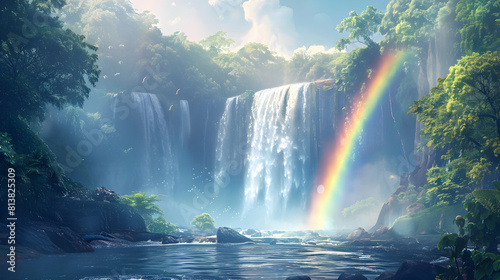 Enchanting Waterfall Rainbow Mist in Lush Forest   Flat Design Backdrop Concept with Stunning Visual Spectacle and Rainbow Formation   Ideal for Illustration and Design Projects © Gohgah