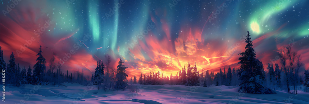 Vibrant Aurora Over Snowy Forest: Magical Colors in Photo Realistic Image of Swirling Auroras Against Stark White Landscape