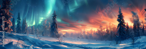 Vibrant Auroras Over Snowy Forest  Magical Colors and Whirling Light Show on Stark White Landscape   Photo Realistic Concept