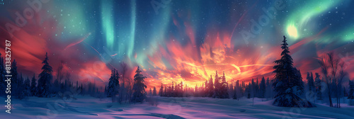 Vibrant Aurora Over Snowy Forest: Magical Colors in Photo Realistic Image of Swirling Auroras Against Stark White Landscape