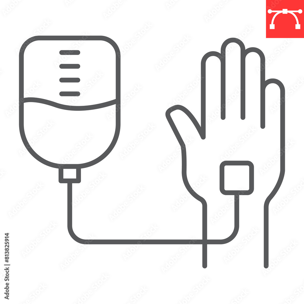 Fototapeta premium Intravenous saline drip line icon, world cancer day and chemotherapy, blood transfusion vector icon, vector graphics, editable stroke outline sign, eps 10.