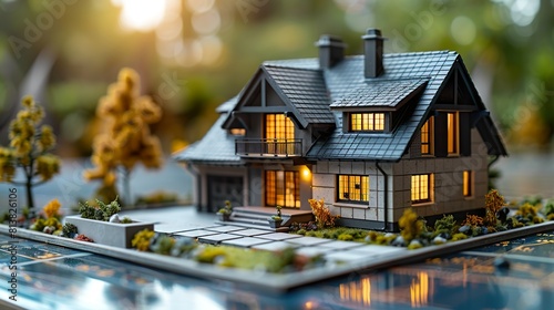 Miniature Model Home with Illuminated Windows at Dusk © andriyyavor