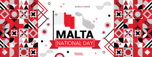 Malta banner for national day with abstract modern design. malaysia flag and map with typograph flag color theme.