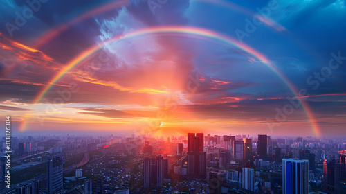Urban Scenic Harmony: Captivating Cityscape Rainbow with Vibrant Balance of Urban and Natural Beauty in Photo Realistic Concept on Photo Stock
