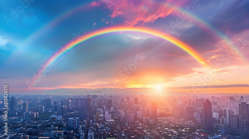 Vibrant Cityscape with Rainbow: A stunning rainbow emerges behind a bustling urban skyline, blending natural beauty with the urban landscape Photo Realistic Concept