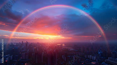 Urban Escape: Stunning Photo Realistic Cityscape Rainbow A vibrant rainbow emerges behind a bustling cityscape, harmonizing urban and natural beauty in a mesmerizing concept