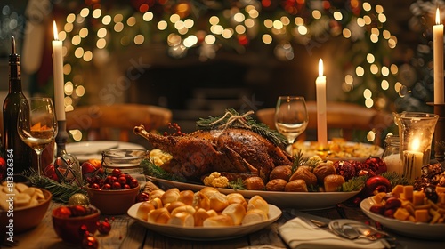 A beautifully set table with a roasted turkey  surrounded by traditional side dishes and festive decorations  ready to be enjoyed on Christmas day.