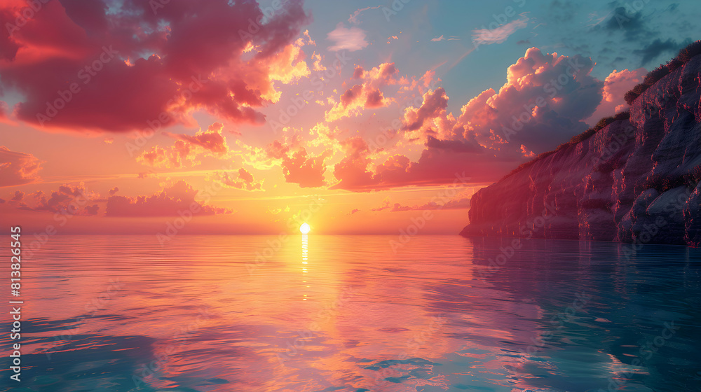 Photo realistic Coastal Cliff Sunset concept: The sunset casts a warm glow on coastal cliffs with the ocean waves reflecting the vibrant sky. Photo Stock Concept Photo realistic Coastal Cliff Sunset concept: The sunset casts a warm glow on coastal cliffs with the ocean waves reflecting the vibrant sky. Photo Stock Concept