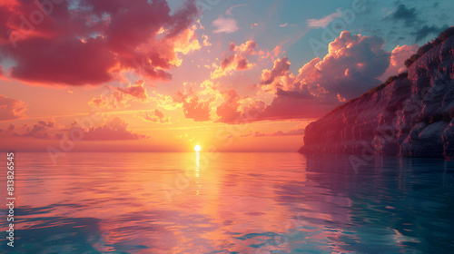 Photo realistic Coastal Cliff Sunset concept: The sunset casts a warm glow on coastal cliffs with the ocean waves reflecting the vibrant sky. Photo Stock Concept © Gohgah