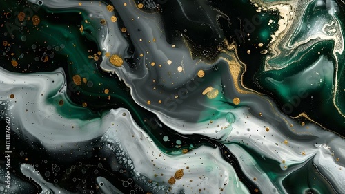 Fluid Abstract Art Background with Black, White, Green, and Gold Colors. Concept Fluid Art, Abstract Background, Black, White, Green, Gold Colors