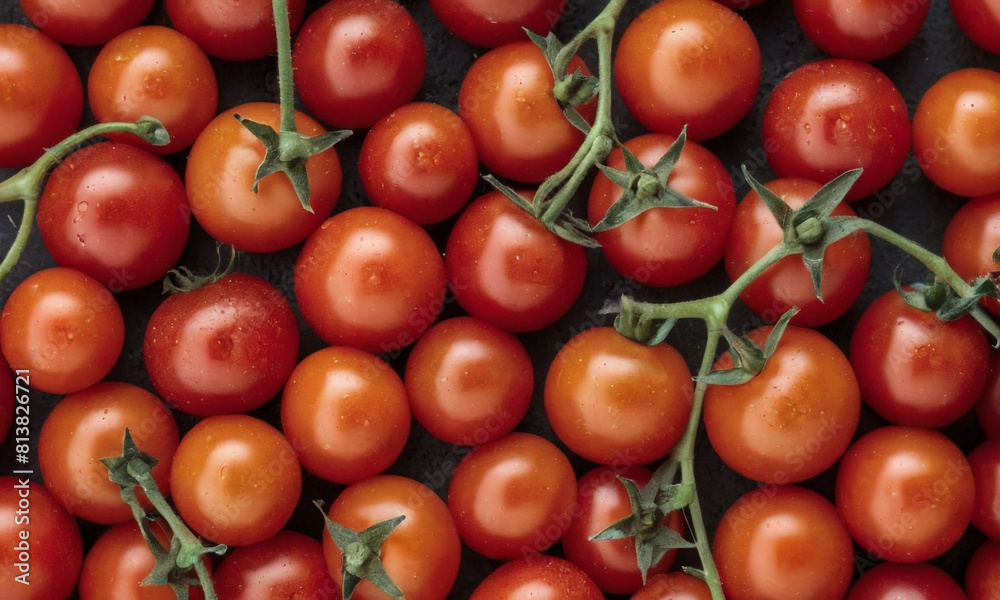 Ripe tomatoes scattered across a textured surface. Each tomato is bright red and glossy, indicating ripeness and freshness.