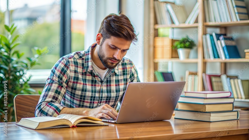 Focused Student Studying with Textbooks and Laptop
Focused Student Studying with Textbooks and Laptop