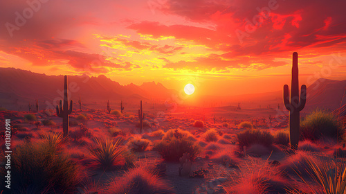 The Desert Sunset Serenity: The desert alive at sunset with cacti silhouettes against a fire red sky offering serenity