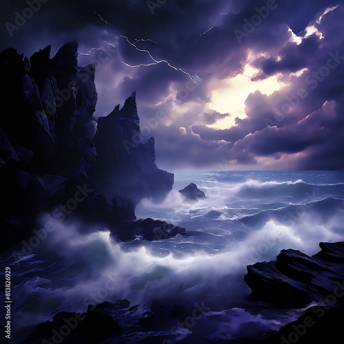 A solitary figure standing on a cliff edge, gazing out at a vast, stormy sea with crashing waves below, under a tumultuous sky.