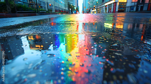 Downtown Rainbow Reflections: A colorful urban tapestry where a downtown area reflects a brilliant rainbow in puddles on the streets Photo Stock Concept