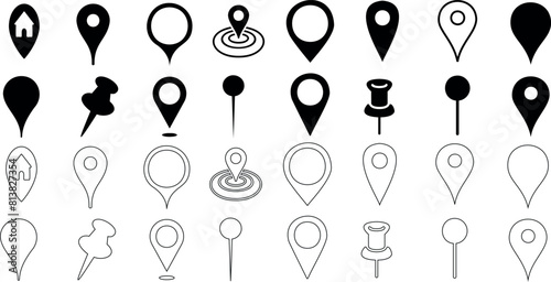 Black map pins vector icons set, location markers, navigation symbols. Perfect for web design, apps, software, print. Different styles, home and business indicators