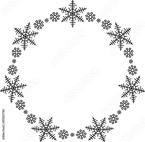 Snowflake circle frame. Winter snowflake round border.