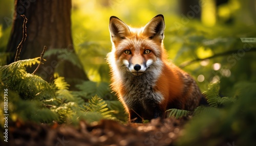 A red fox is calmly seated amidst the trees in the forest