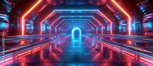 A long, futuristic corridor with bright neon lights © Purichaya