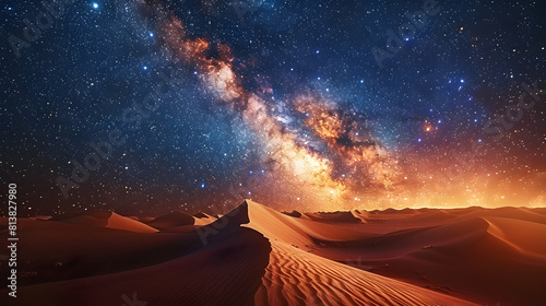 Stunning Photo Realistic Image  Galactic Core Over Desert Dunes   Beautifully Contrasting Sand and Stars in the Milky Way Galaxy