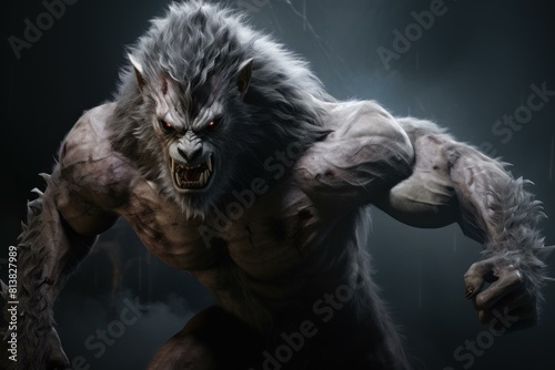 The terrifying and aggressive werewolf. A mythical creature of folklore and legend. Snarling and in motion under the full moon. Embodying the supernatural horror and fantasy of halloween © juliars